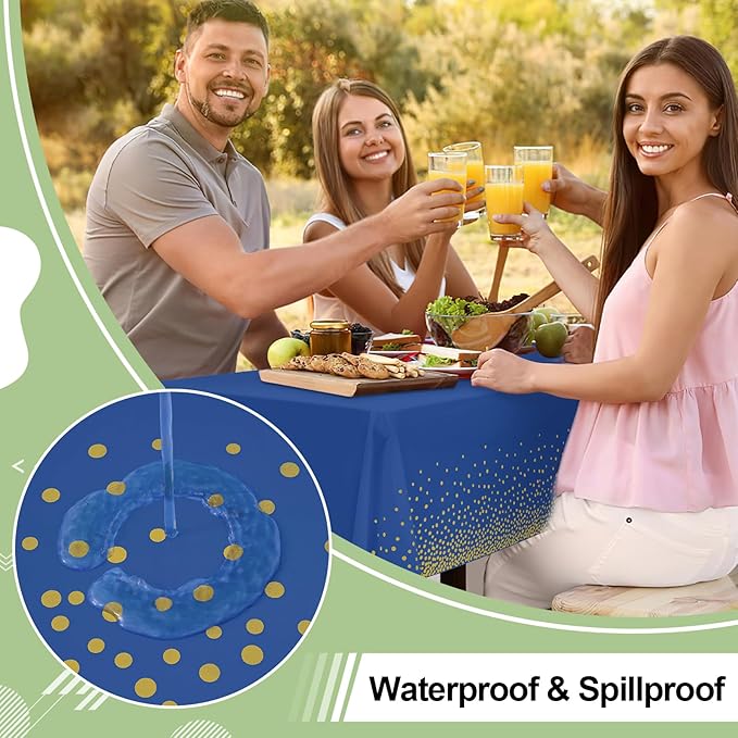 misaya 4 Packs Dot Disposable Table Cloth, 54 x 108 Inch Waterproof Plastic Tablecloth, Rectangle Gold Dots in Navy Table Covers for Easter, Picnic, Birthday, Party