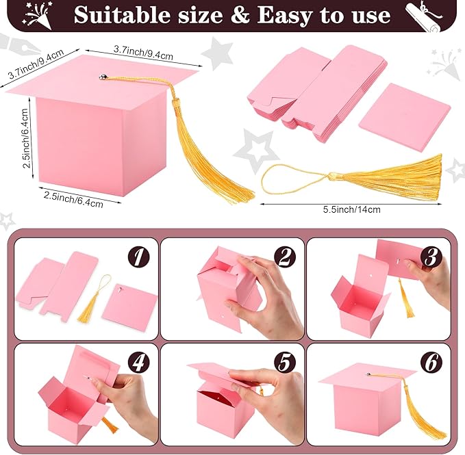 TaoBary 12 Pieces Graduation Candy Box Graduation Decorations Party Gift Boxes Graduate Cap Box Candy Chocolate Cookie Supplies for Ceremony Party(Pink)