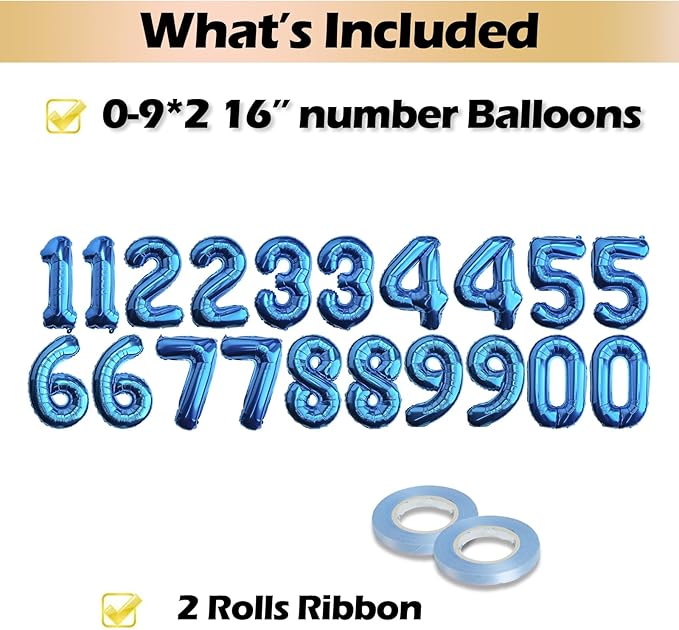[20 Pcs] 16" Blue Foil Number Balloons (2 sets of 0-9) - Mylar Aluminum Hanging Decorations for Graduation, Birthday, Christmas & New Year's Eve Parties
