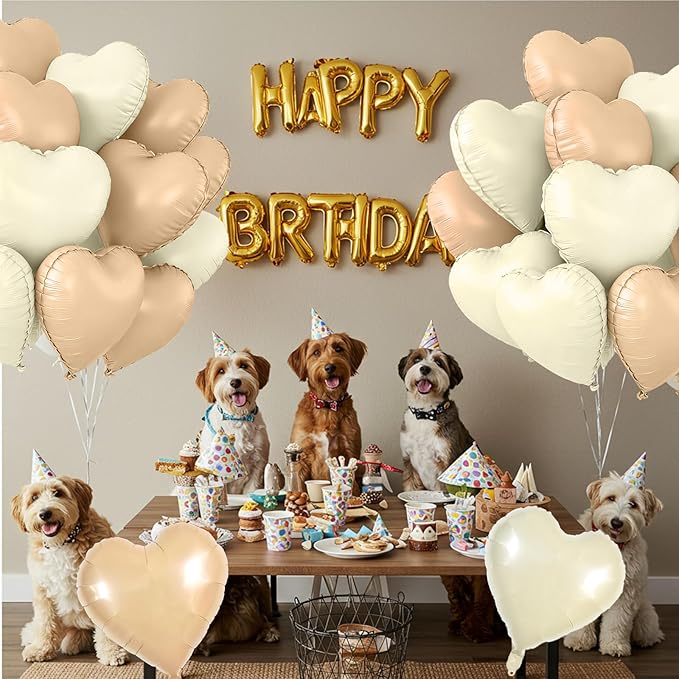 TONIFUL 30Pcs 18 Inch Caramel Cream White Balloons Cream White Heart Shape Foil Mylar Banners Decoration for Birthday Valentine's Day Wedding Bridal Shower Anniversary Engagement Party Supplies