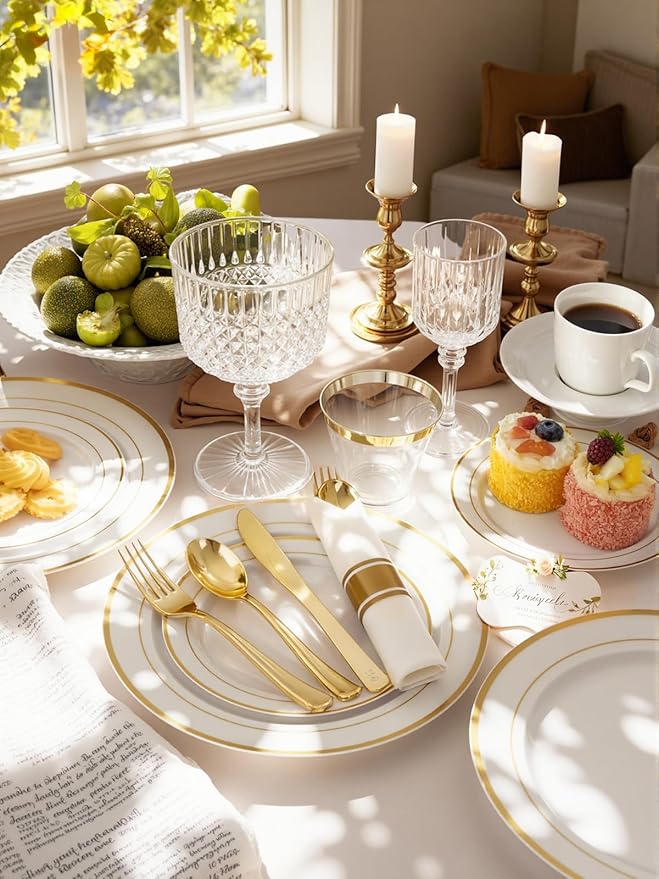 175PCS White and Gold Plastic Plates - Gold Plates with Rolled Napkins for Party - 25Guest Disposable Dinnerware Sets for Wedding Baby Shower Spring Birthday