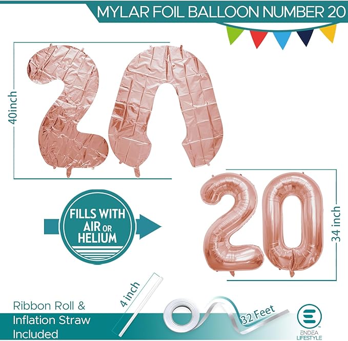 40 Inch Number Celebration and Decoration Balloon for Birthday Parties, Graduations, Anniversaries, Weddings, Photo Shoots, Special Events - Helium Foil Mylar (Rose Gold Number 20)