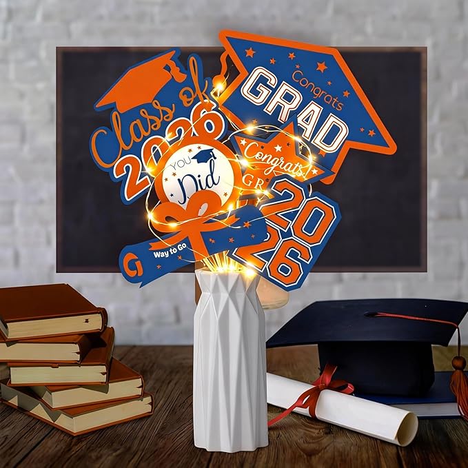 OuMuaMua Graduation Decorations Class of 2026-30pcs Blue Orange Graduation Table Centerpieces Sticks Table Toppers with Lights for College High School Congrats Grad Party Supplies