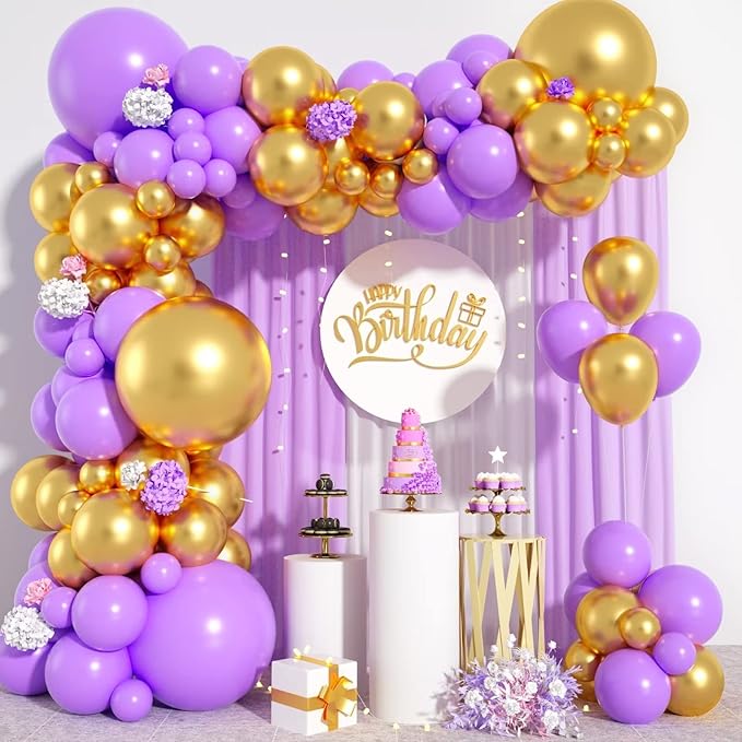 Purple Gold Balloon Garland Arch Kit, Metallic Gold and Latex Purple Balloons Different Sizes 18/12/10/5 inch for Wedding Anniversary Birthday Graduation Bridal Shower Bachelorette Party Decorations