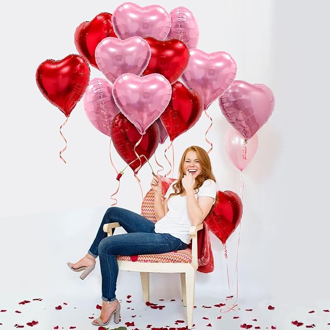Pink Red Heart Balloons, 20 Pcs 18 Inch Heart Shaped Foil Balloons Galentines Balloons for Girls Birthday Wedding Anniversary Engagement Party Valentines Day Decorations