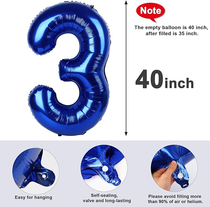 Numbers Balloon 3, 40 Inch Large Navy Blue Balloon for Three Year Old Birthday Decor, 3 13 30 31 Birthday Party Decorations for Wedding Supplies
