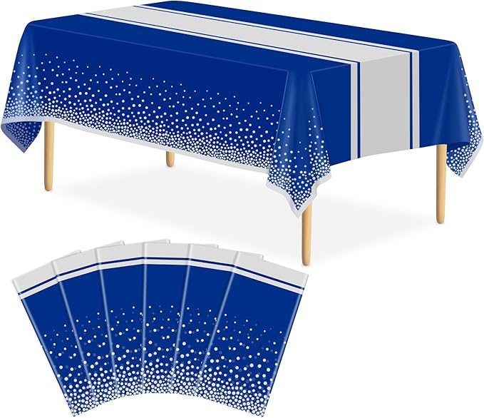 6 Pack Blue and Silver Tablecloth Party Decorations Plastic Blue Tablecloth Printed Silver Table Runner 54 x108 Inch Disposable Rectangle Table Cover for Birthday Wedding Graduation