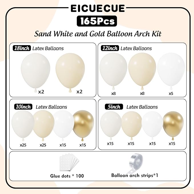 Sand White Gold Balloon Arch Kit - 165Pcs Different Size Beige Nude White Metallic Gold Balloon Garland Kit for Boho Birthday Wedding Baby Shower Bridal Shower Engagement Party Decorations