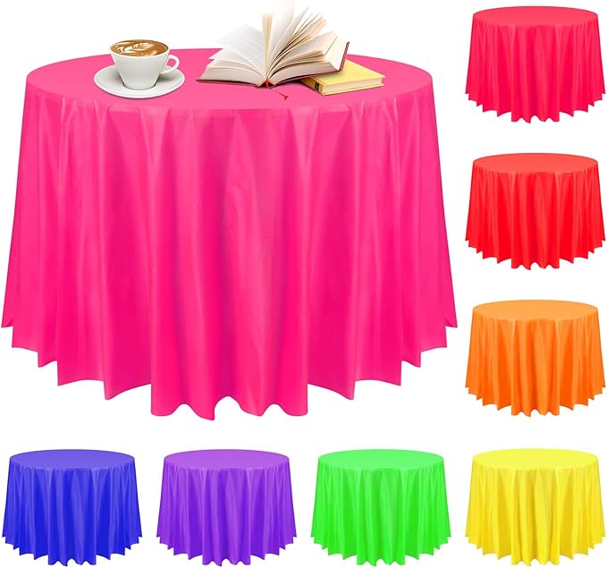 Preboun 84 Inch Large Neon Tablecloth Disposable Plastic Round Party Table Cover Decor Assorted Color Tablecloth Circle Table Cover for Wedding Birthday Picnic Tea Party Decor(Bright Color,8 Pack)