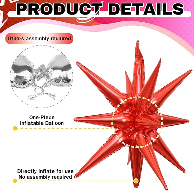 6PCS Star Balloons, 22Inch Huge Hot Pink Red Pink Star Balloon Foil Spike Cone Balloons for Girls Women Birthday Bridal Shower Valentine's Day Party Decorations