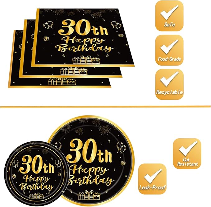 144PCS 30th Birthday Plates and Napkins Birthday Party Supplies 30th Birthday Party Decorations for Men Women Disposable Party Tableware Including Paper Plates Napkins Cups Forks Serve 24