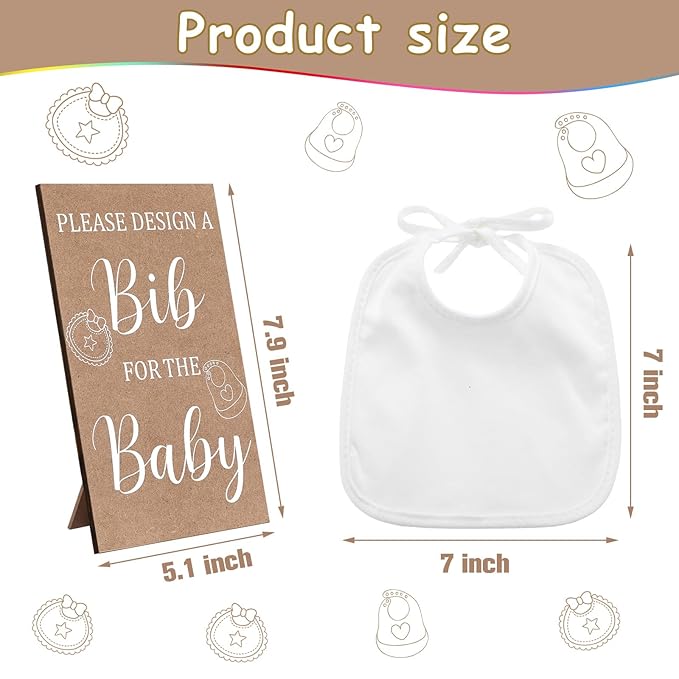 Panitay 43 Pcs Baby Shower Games White Bibs Design, Include Wooden Baby Shower Game Sign, 30 DIY Blank White Bibs, 12 Markers for Gender Reveal Party Decorating Supplies(Classic Style)