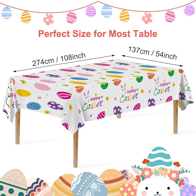 PADELO 2 Pieces Happy Easter Tablecloth, Rectangle Plastic Easter Bunny Eggs Table Cloth, Disposable Waterproof Easte Table Cover for Easte Day Tables Decorations and Party Supplies Decor, 54” x 108”