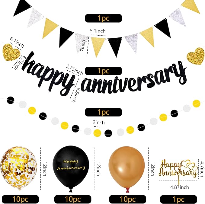 Happy Anniversary Decorations, Glitter Gold Black Happy Wedding Decorations Sets with Banner, Cake Topper, Glitter Hanging and Balloons for All Ages' Anniversary Party Decorations