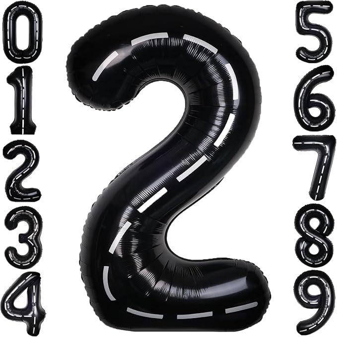 Race Car 40Inch Black 2 Balloon Number Large Helium Race Track 0-9 Giant Digital 2nd Foil Mylar Big Party Number Balloons for Boy Birthday Car Theme Party Anniversary Graduation Decorations