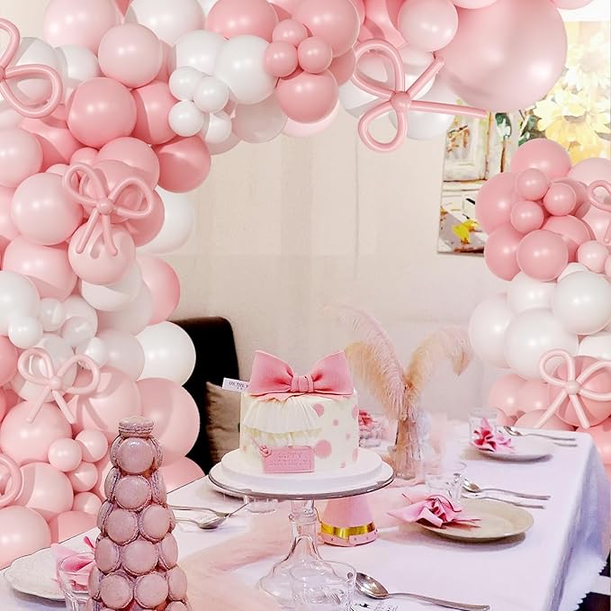 Coquette Birthday Decorations 145 Pcs Pink and White Balloon Garland Arch Kit Include Light Pink White Bow Balloons Different Size for Baby Shower Gender Reavel Wedding Party Decorations