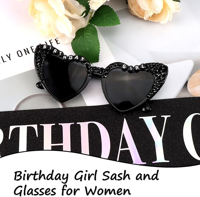 Birthday Girl Sash for Women & Birthday Glasses, Black Birthday Sash for Girls Happy Birthday Sash for Women Girls with Birth day Sunglasses for Woman and Girl
