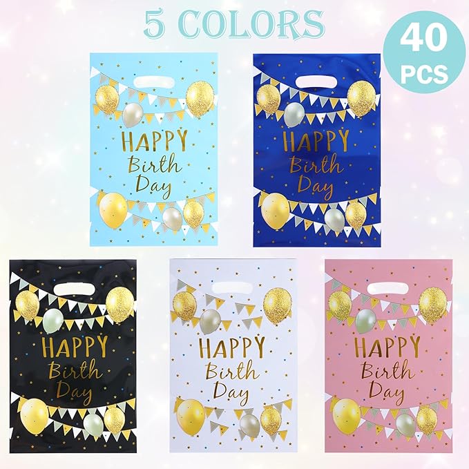 Agaommio 40pcs Party Favor Bags for Kids Birthday Goodies Bags, Christmas Gift Bag Plastic Gift Bags for Kids Girls Boys Candy Birthday Party Favor Gift Wraps (40pcs balloon pattern 4colors)
