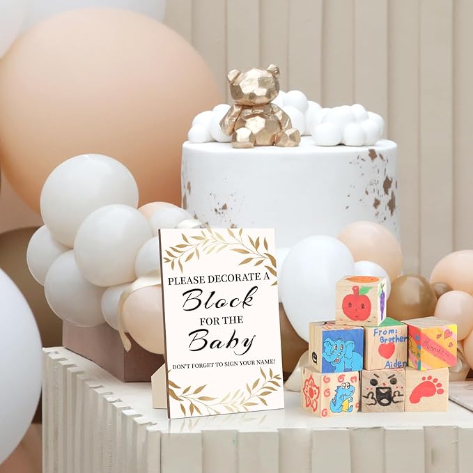 Baby Shower Games Sign Kit with 50 Blank Wooden Baby Blocks, 24 Acrylic Paint Marker and Wooden Sign, Blocks for Baby Shower Games, Gender Reveals Party(Gold)