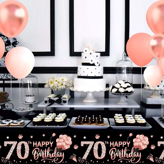 Parfundg 3 Pack 70th Birthday Tablecloth Decorations for Women, Rose Gold Happy Seventy Birthday Theme, Rectangular Plastic Disposable Table Cloth Decor, 54 x 108 Inches