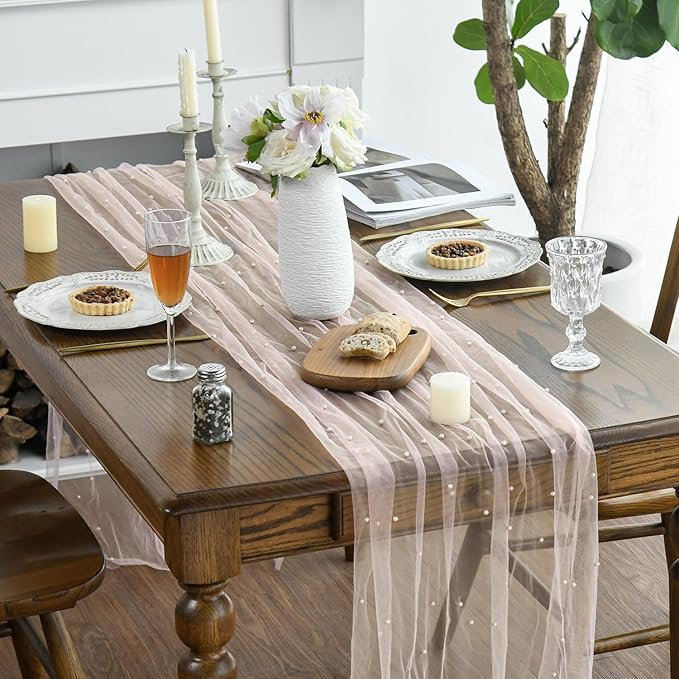 Artoid Mode 10PCS Pearl Pink Gauze Table Runner 120 Inch 10FT, Seasonal Sheer Dining Holiday Wedding Birthday Baby Shower Table Decor for Home Party