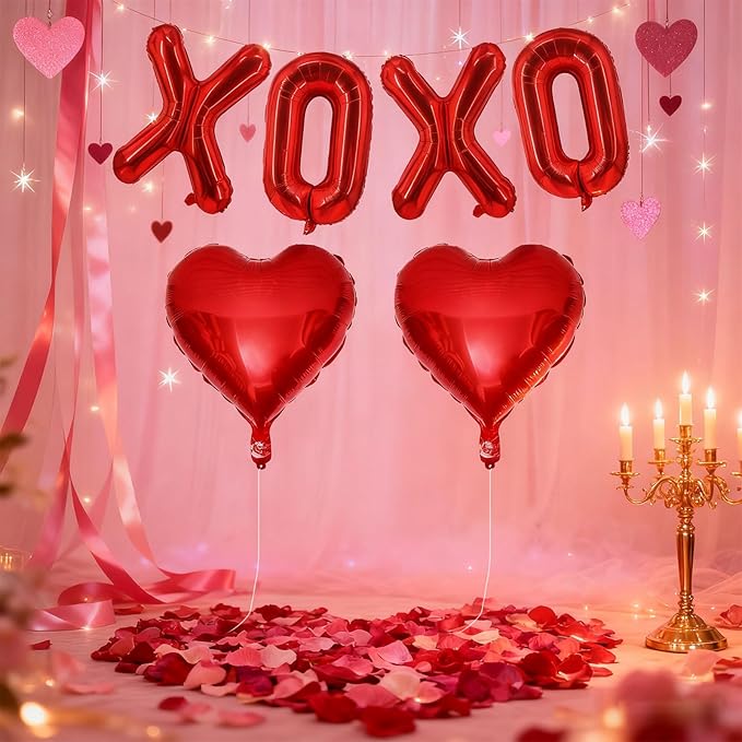 Valentines Day Balloons Decorations Red 6 Pcs 16 Inch - "XOXO" Letter + 2 Heart Balloons with Tape Straws Ribbonfor Romantic Wedding Indoor Valentines Day Decor Party Supplies