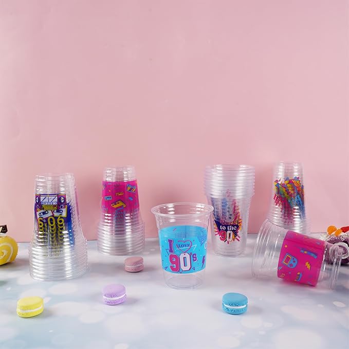 90s Theme Party Decoration Cups, 50 Pcs 16 OZ Disposable Plastic Cups for Retro Music Hip Hop Throwback Dance Back to 90's Birthday Party Favor Supplies