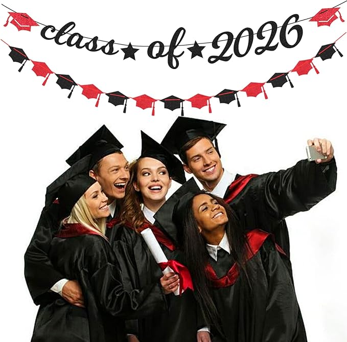Red Black Party-Decoration Graduation Banner - 14pcs Kits Cap Garland Streamers, Paper Tissue Pom Poms Flowers Fans Honeycomb,Class Of 2026 College High School Grad Decor Hugfond