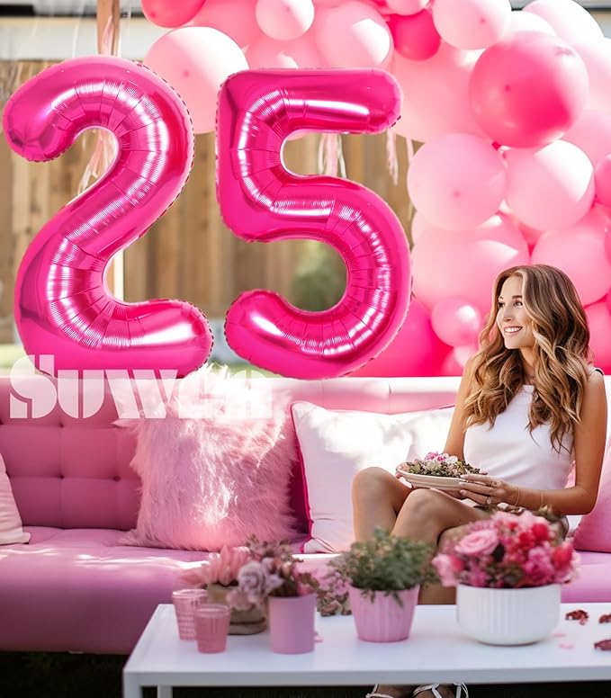 SUWEN 40 Inch Large Hot Pink 25 Balloon Numbers Big Foil Helium Number Balloons 0-9 Jumbo Happy 25th Mylar Birthday Party Decorations for Women 52 Anniversary Party Supplies