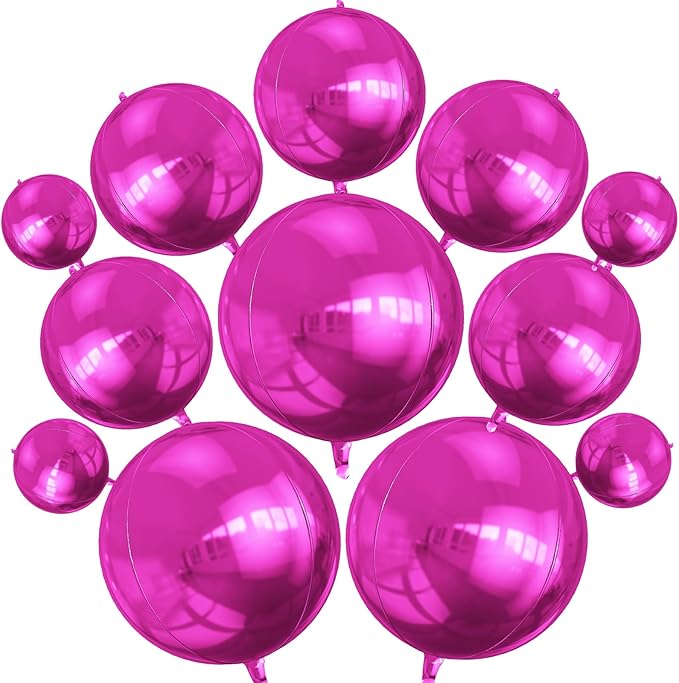 12PCS Hot Pink Round Foil Balloons, 22" 15" 10" Large 4D Ball Balloons Metallic Hot Pink Mirror Sphere Balloon for Valentines Galentines Day Wedding Women Birthday Party Ceiling Decorations