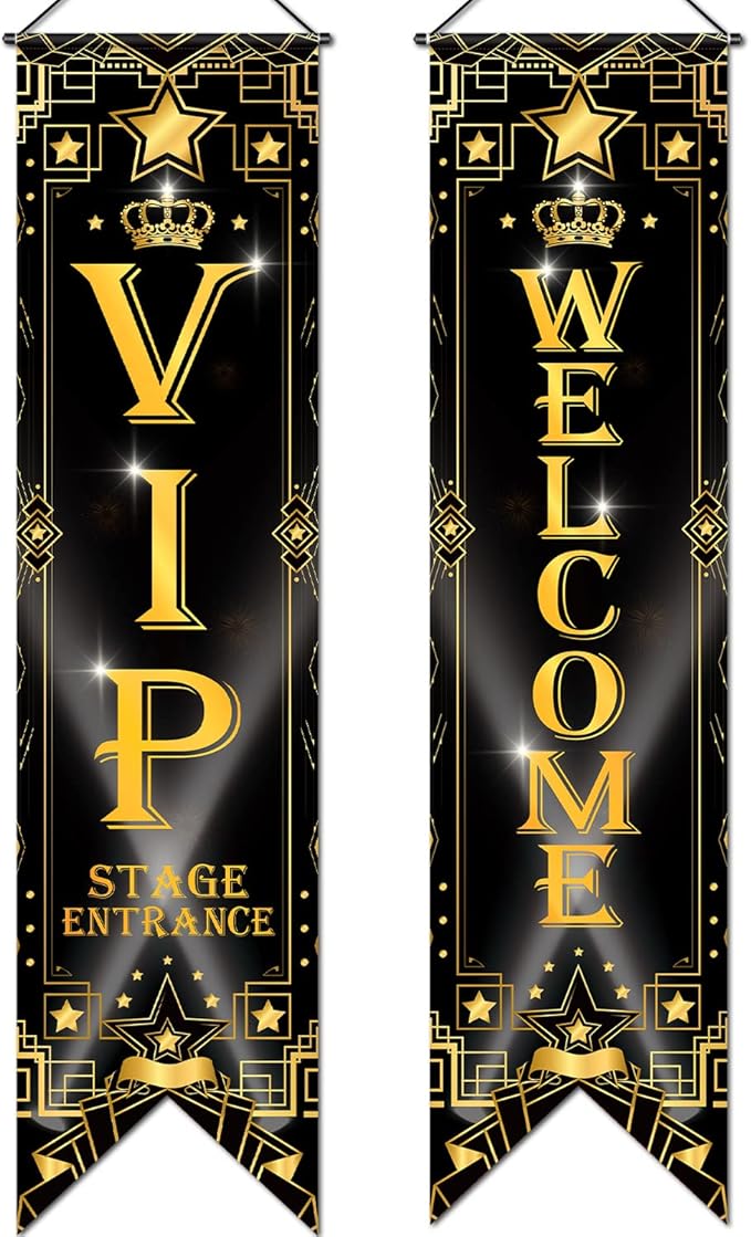 Blulu VIP Party Decorations Roaring 20s Movie Night Banner VIP Porch Sign Movie Theater Now Showing Hanging Porch Sign 1920s Party Supplies(Black)