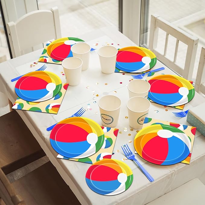 96 Pcs Summer Pool Beach Party Paper Plates Napkins, Beach Pool Ball Party Decorations Supplies Disposable Dinnerware Tableware for Kids, Serves 24