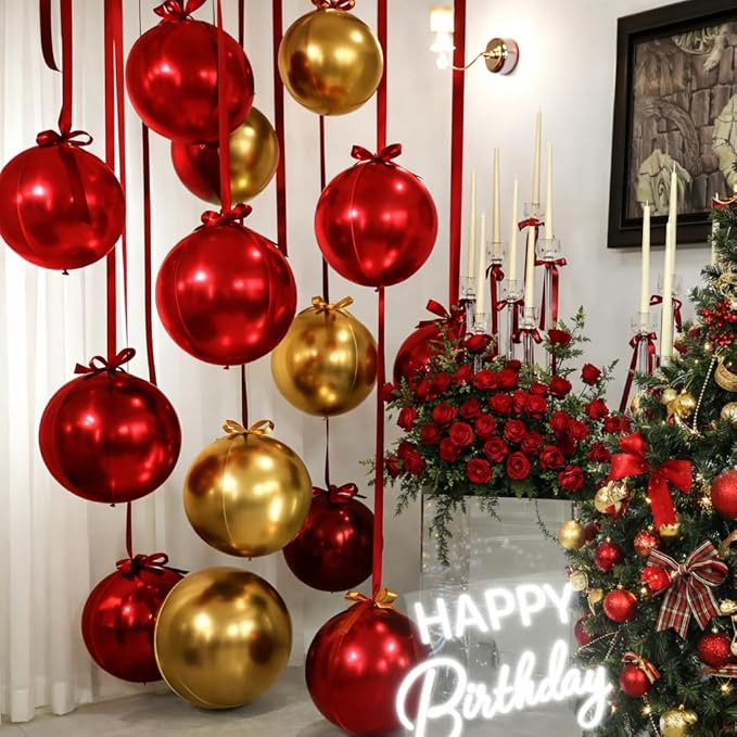 Togvu Red Gold Round Foil Balloons, 16PCS Different Sizes 4D Metallic Balloon Large Sphere Mirror Ball Balloons for Prom Graduation Christmas New Year Birthday Party Ceiling Decorations Supplies