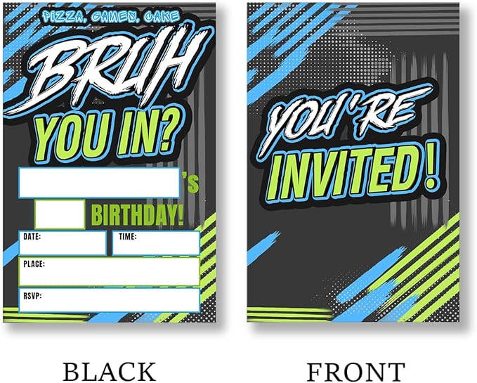 Bruh Birthday Invitation Supplies with Envelopes Set of 20 Birthday Invitations for Boys Teens Fill in Blank, Double Sided