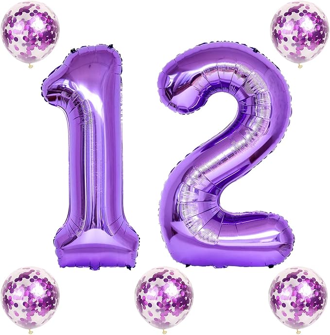 Purple Birthday Balloon Number 12, 40 Inch Big Foil Mylar Number 1 and 2 Balloons with Purple Confetti Latex Helium Balloons for Girls Women 12th 21st Birthday Anniversary Party Decorations Supplies