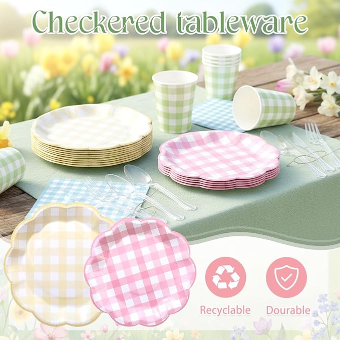 50 Sets Easter Spring Pastel Gingham Disposable Tableware Pink Yellow Paper Plates Green Cups Blue Napkins Clear Knives Forks Spoons for Birthday Baby Shower Wedding Party Decoration