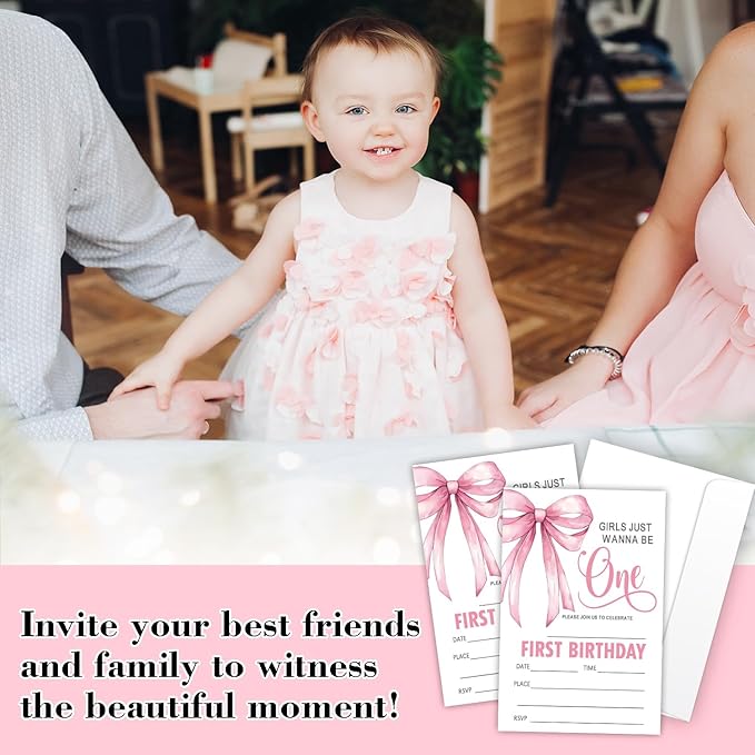 Pink Bow First Birthday Invites Cards Party Invitation Cards for Girls Kids Adults Party Invitations 4x6 Inch Invitations with Envelopes 20 Pcs Double Sided Invitation Card for Girls 1st Birthday YT83