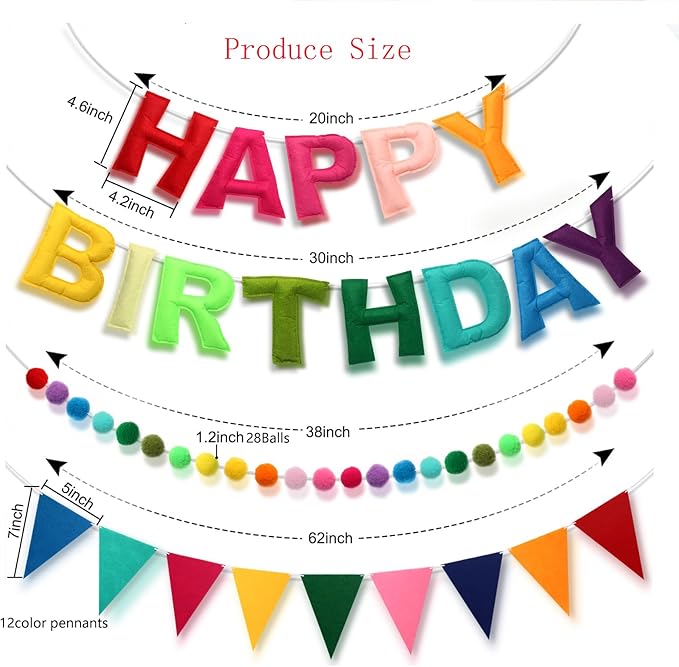 Pre-Strung Happy Birthday Banner,3D Effect Rainbow Birthday Party Decorations with Felt Garland, Pom Pom Garland, Felt Triangular Flag,Reusable Party Supplies for Kids Adults & Pets