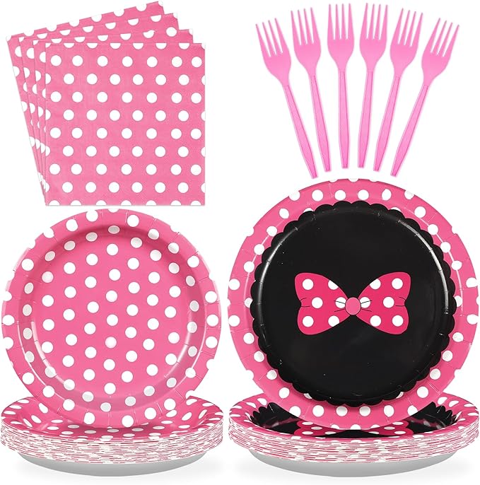 96Pcs Pink Mouse Party Supplies Xmas Cartoon Mouse Paper Plates and Napkins Tableware Sets Pink White Polka Dot Bow Decorations for Kids Girls Birthday Baby Shower Cute Cartoon Theme Party Serves 24
