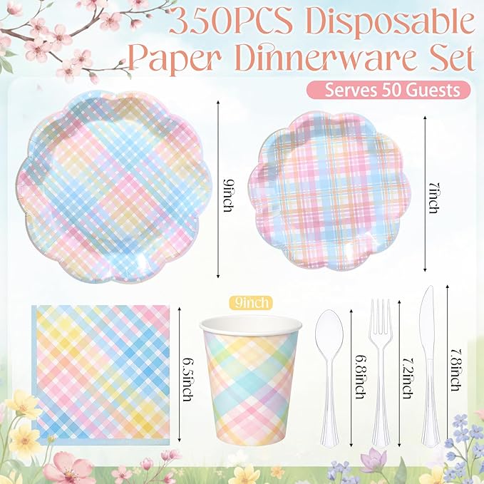 50 Sets Easter Spring Pastel Gingham Disposable Tableware Pastel Paper Plates Cups Napkins Clear Knives Forks Spoons for Birthday Baby Shower Wedding Party Decoration