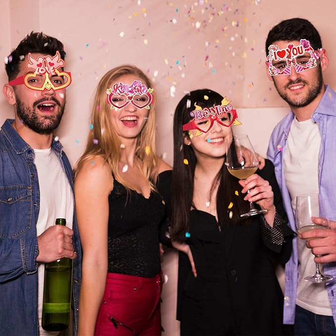 16Pcs Valentine's Day Party Glasses Frames, Sweet Valentine's Day Paper Glasses Valentines Eyeglasses Photo Booth Props for Valentines Party Decorations Supplies