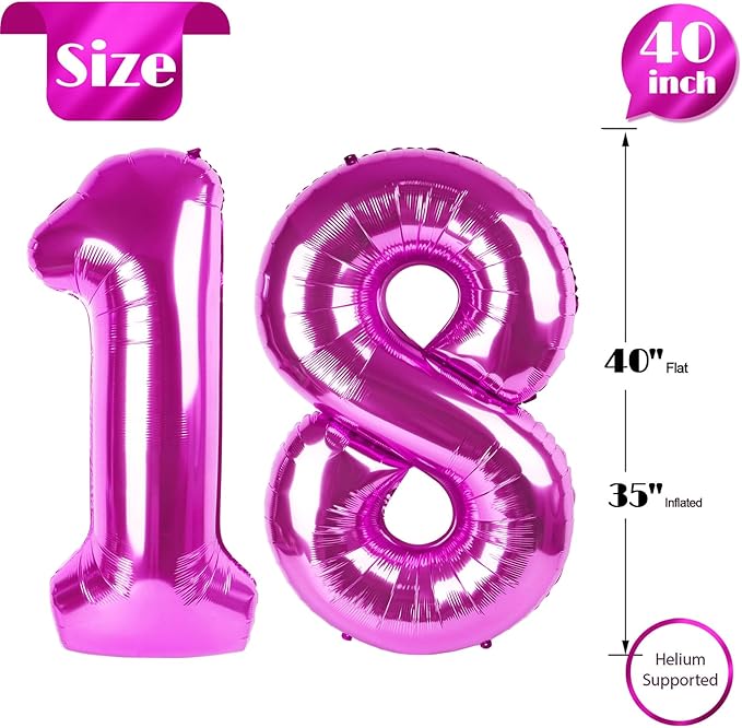 Rosy Purple Number 18 Balloon 40 inch, 18 Number Balloons, 18th Rosy Purple Birthday Decorations for Girls Boys Kids, 18 Year Old Party Supplies
