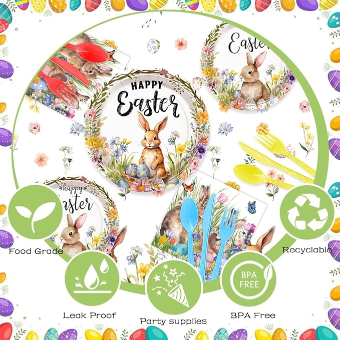 Easter Party Supplies, Happy Easter Party Tableware Set, Happy Easter Banner, Bunny Paper Plates Napkins Cups for Easter Spring Party Decorations