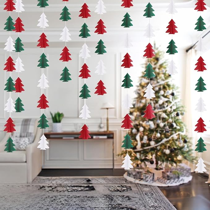 GCQQ 3D Paper Christmas Tree Garlands - 2 Packs Red White Green Hanging Streamer Decorations Garland for Christmas New Year Holiday Party Office Classroom Wall Indoor Outdoor Decoration Banner