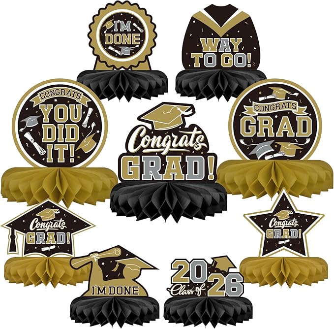 9PCS Graduation Party Decorations Class of 2026 Congrats Grad Table Centerpiece Congratulate Graduation Honeycomb Table Toppers for Graduation Party Supplies(Black）