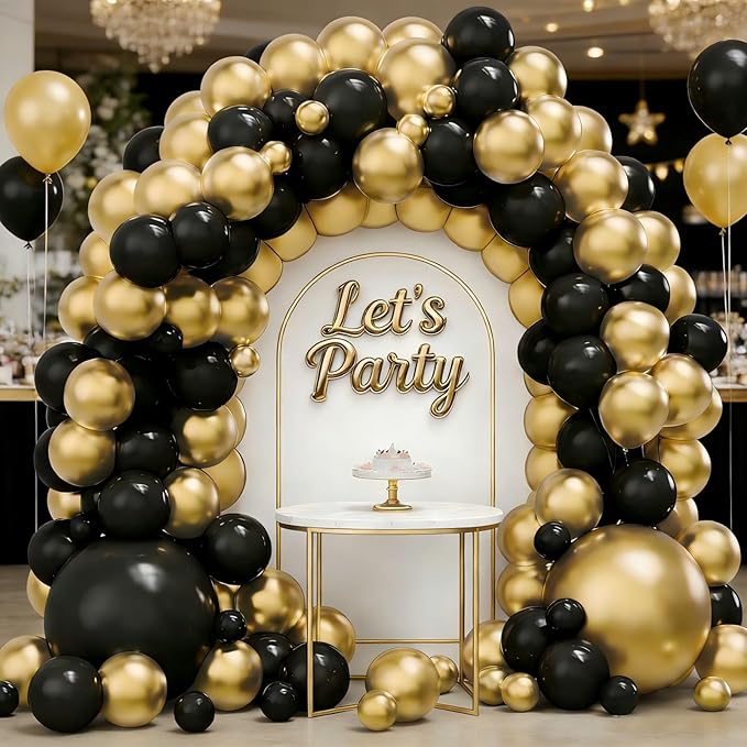 Black and Gold Balloon Garland Arch Kit, 160PCS Black Gold Latex Balloons for New Year Wedding Anniversary Birthday Party Decorations