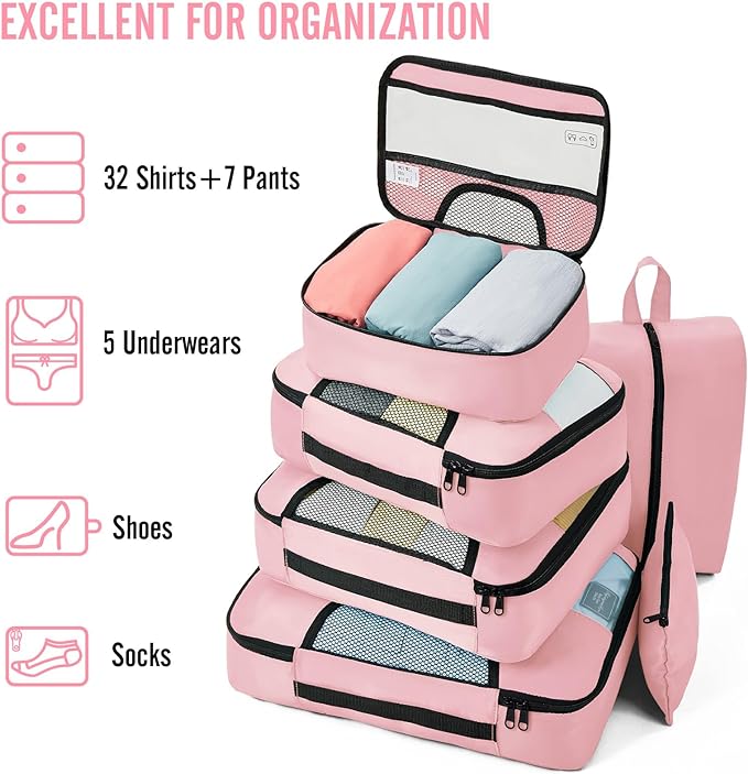 Veken 8 Set Packing Cubes for Travel Essentials, Pink Suitcase Organizer Bags in 4 Sizes, Carry-On Luggage Accessories with Large Laundry & Hanging Toiletry Bag, Must-Have for Airplane, Road Trip