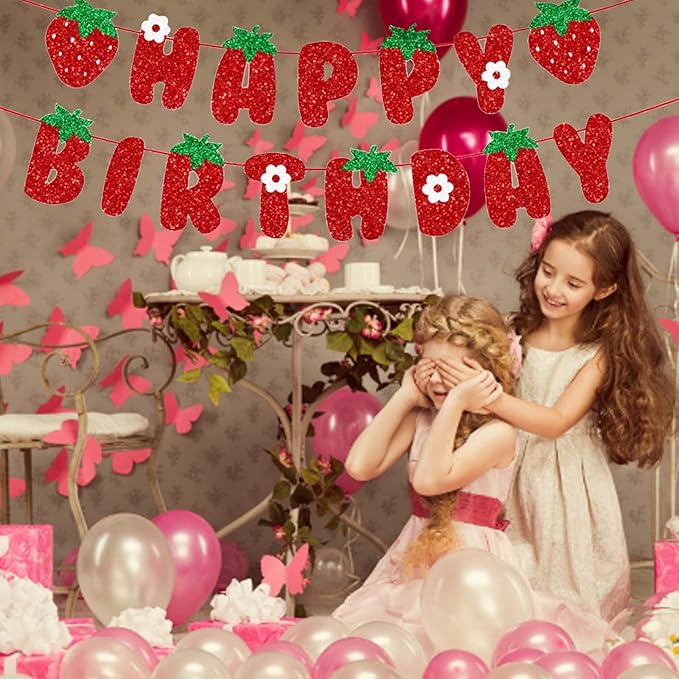 Strawberry Happy Birthday Banner, Glitter Strawberry Banner, Strawberry Theme Birthday Garland for Birthday Party Hanging Decorations