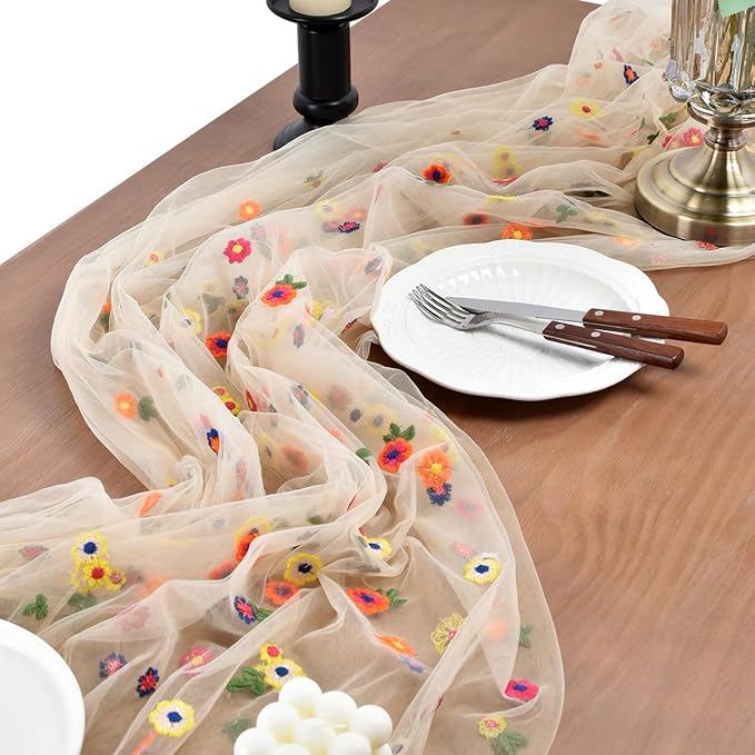 Joanlody 3pcs Champagne Embroidery Daisy Spring Summer Table Runner 10ft Florals Seasonal Easter Tulle Table Runner Holiday Kitchen Dining Table Decoration for Home Party Indoor