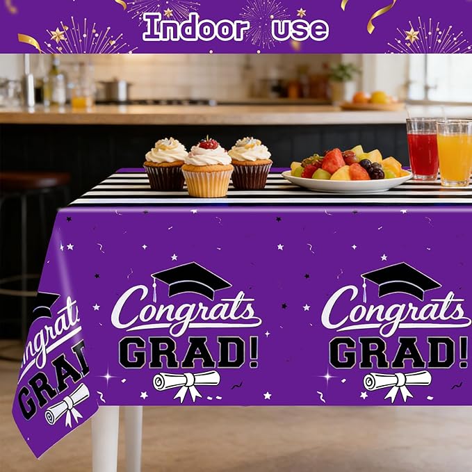 7-Pack Graduation Party Decorations Set, 3 Purple Graduation Tablecloths 54x108in, 2026 and Grad Balloons, 2 Foil Fringe Curtains for High School College Graduation Party Photo Booth